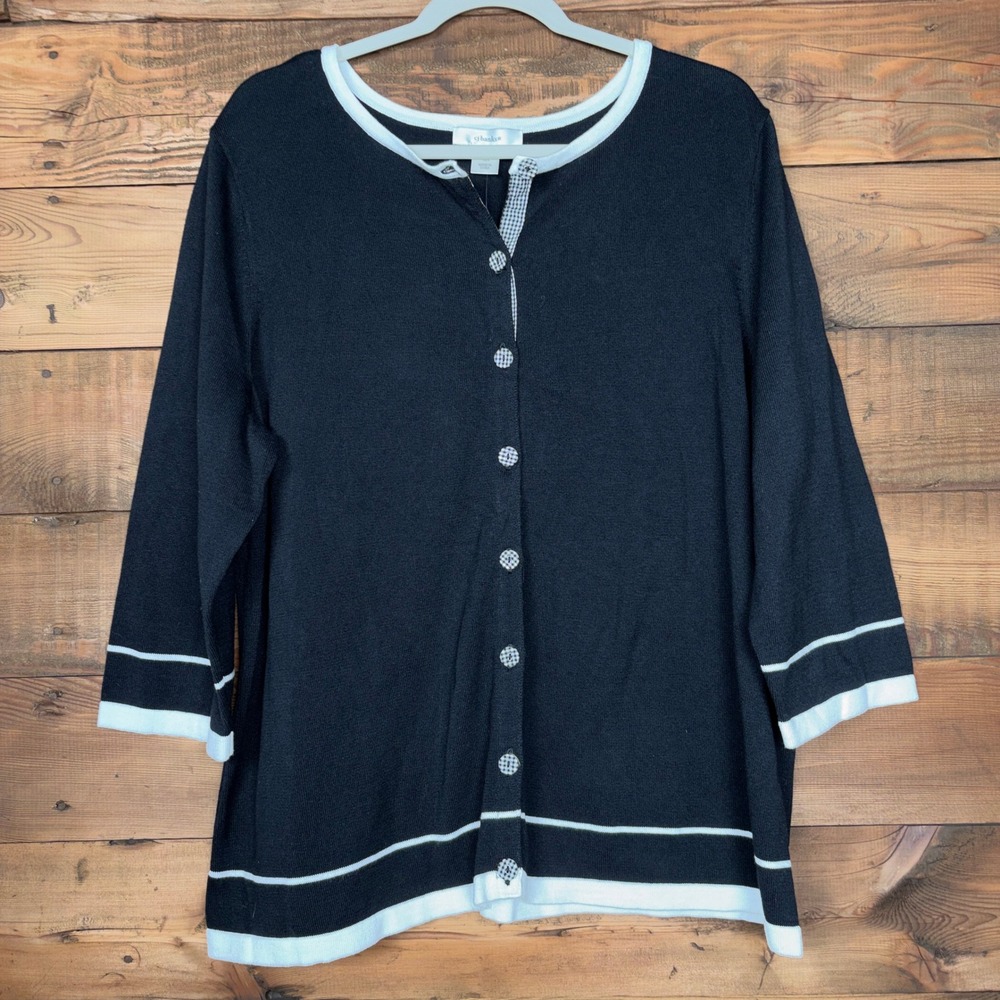 CJ Banks Cardigan Womens 1X Plus Cotton Gingham Trim 3/4 Sleeve NWT
